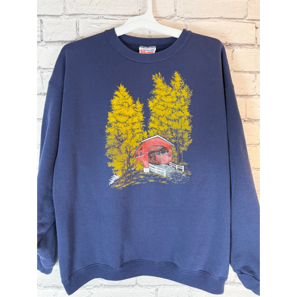 Unisex Vintage 90’s Hanes Sweatshirt size XL Blue Yellow Covered Bridge Graphic - Picture 1 of 7